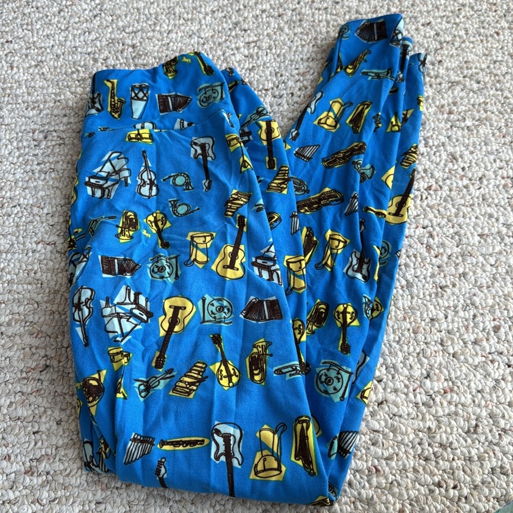 LuLaRoe Blue Musical Instruments Buttery Soft Leggings Sz OS band music rare